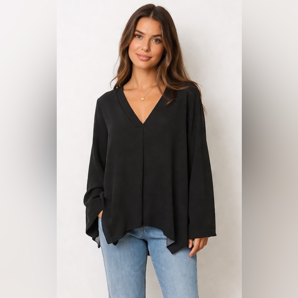 Trapunto Double V-Neck Blouse, Black Double V-Neck Blouse